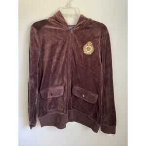 Women’s Chaps Brown Hooded Zip Up Brown Velour Jacket Long Sleeve Size Large